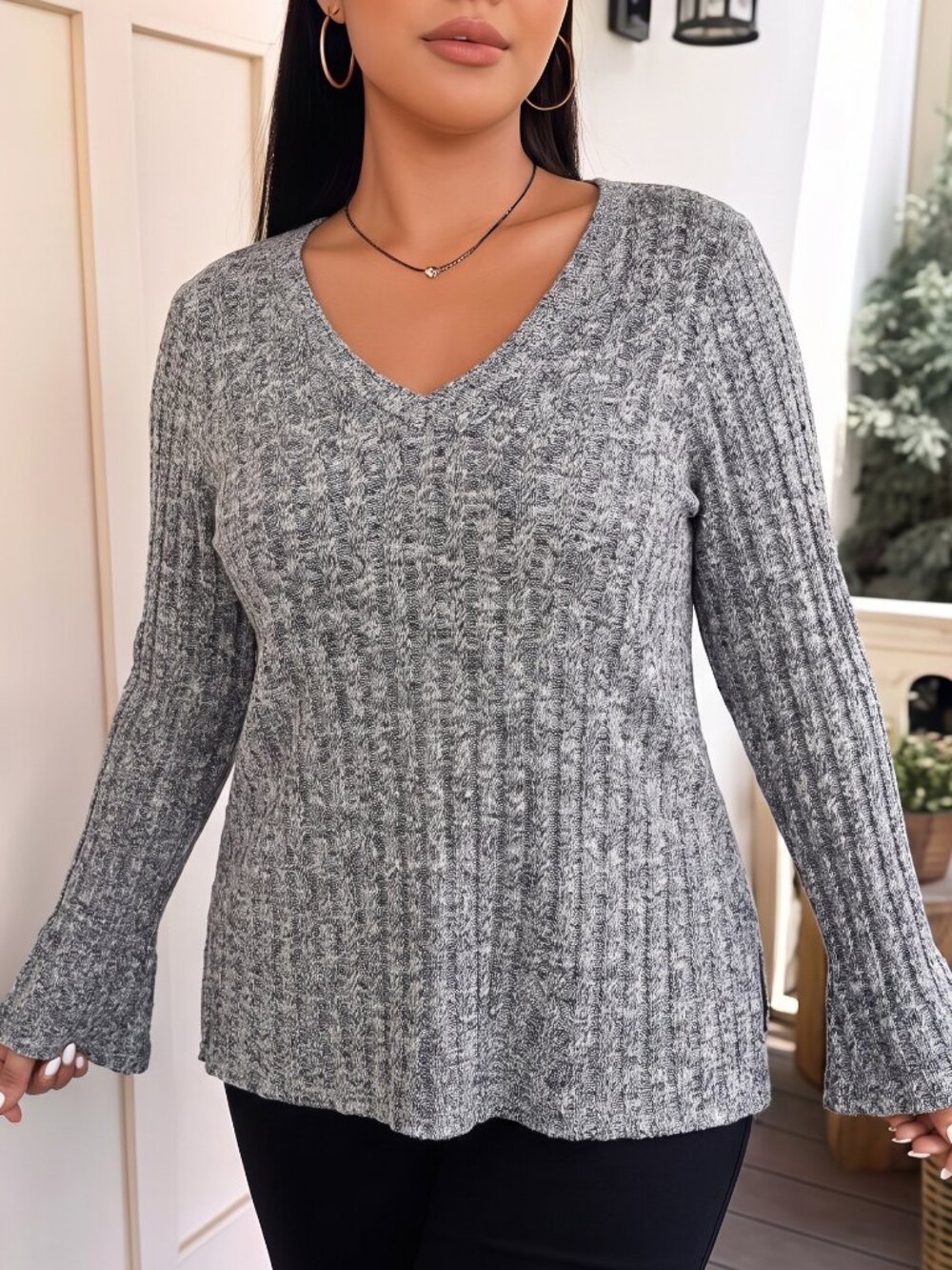 Topshop Gray Ribbed V-Neck Sweater